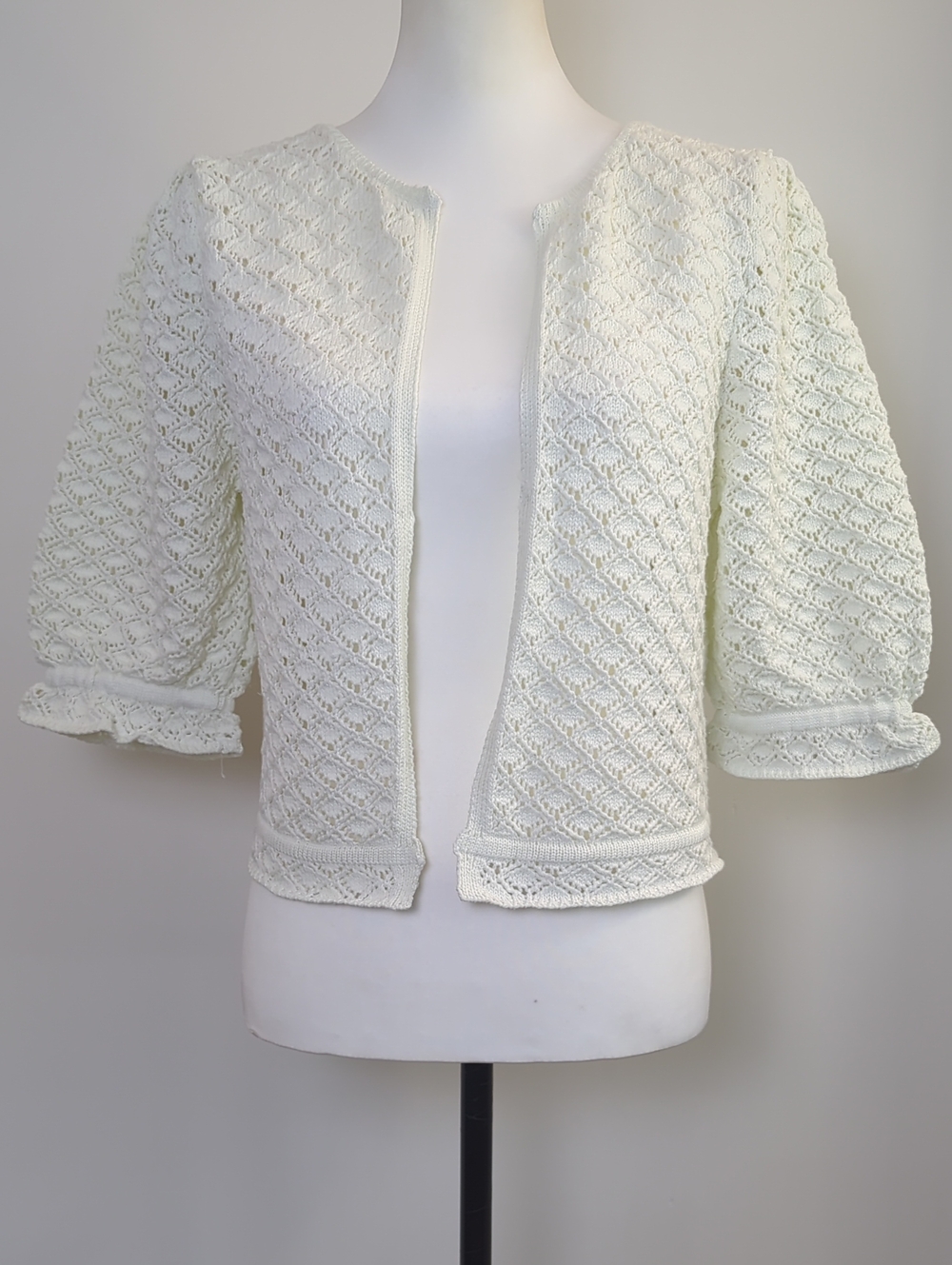 ZARA Pastel Mint Green Ecru Pointelle Open Knit Cropped Cardigan Shrug Jacket